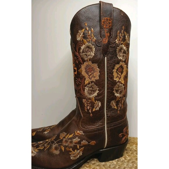 Macie Bean Boots Sz 7M Floral Embroidered Brown Leather Snip Toe Western Cowgirl - Picture 4 of 16